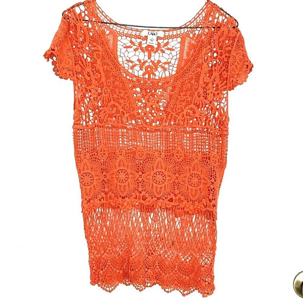 Cato Open Crochet Top Size S Cap Sleeve 100% Cotton Orange Layering Boho Hippie